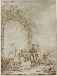 Frontispiece for an Album of Drawings: Peasants at a Fountain, 1784. Creator: Dirk Langendijk (Dutch, 1748-1805).