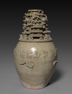 Funerary Urn (Hunping) with Figures, Pavilions, and Birds, 265-316. Creator: Unknown.