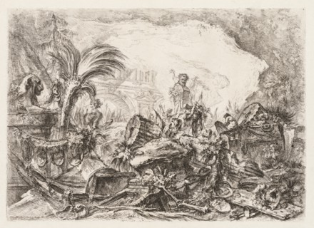Groteschi: Ruins with a Statue of a Faun and a Fallen Column, ca. 1745-50. Creator: Giovanni Battista Piranesi (Italian, 1720-1778).