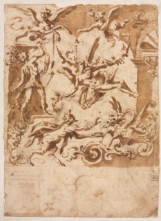 Grotesque with a Satyr Feeding a Dragon (recto); Grotesque with a Leaping Centaur (verso), c1565/158 Creator: Marco Marchetti (Italian, 1565-1588).