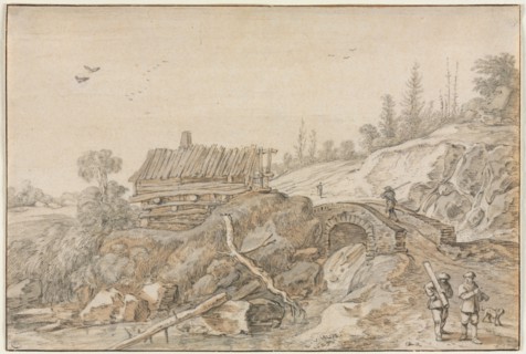 Hilly Landscape with Hut Beside a Stream, 1627. Creator: van de Velde Esaias (Dutch, 1587-1630).