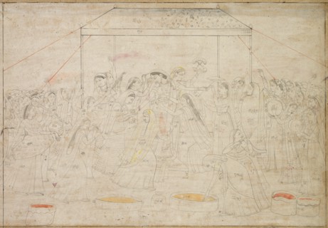 Hindu God Krishna Being Dressed in Women's Clothes for Spring Festival Holi, c. 1790. Creator: Unknown.
