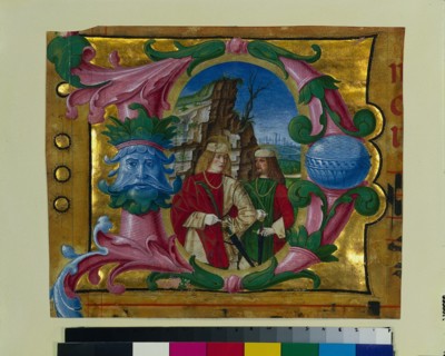 Historiated Initial (D) Excised from a Choir Book: Two Martyr Saints, c. 1500-1510. Creator: Girolamo dai Libri (Italian, 1474-1555), circle of.