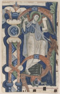 Historiated Initial (P) Excised from a Choral Book: St. Michael and the Dragon, early 1200s. Creator: Unknown.