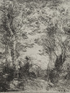 Horseman in the Woods, original impression 1854, printed in 1921. Creator: Jean Baptiste Camille Corot (French, 1796-1875); M. Le Garrec.