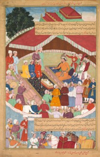 Hulagu Khan giving a feast and dispensing favor upon the amirs and princes..., c. 1596-1600. Creator: Lal (Indian, active c. 1555-1600); Dharam Das (Indian, active c. 1580-1605); Padarath (Indian, act...