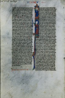 Initial I with Elimelech and Naomi: Leaf from a Latin Bible (1 of 2 Excised Leaves) , c. 1250. Creator: Johannes Grusch Atelier (French).
