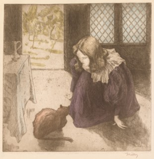 Interior, Little Girl with Cat (La Petite fille au chat), 1897. Creator: Alfredo Müller (Italian, 1869-1940).
