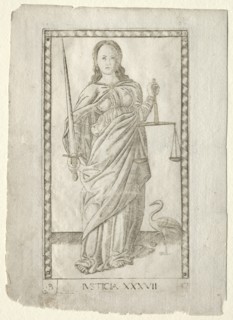 Justice (from the Tarocchi, series B: Cosmic Principles & Virtues, #37), before 1467. Creator: Master of the E-Series Tarocchi (Italian, 15th century).