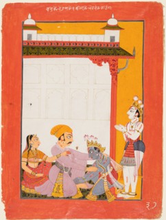 Krishna and Balarama Touching the Feet of Vasudeva and Devaki, 1730-40. Creator: Unknown.
