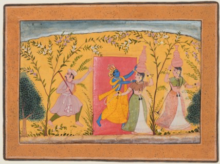 Krishna Exacts a toll from the Milkmaids, from a Bhagavata Purana, c. 1600. Creator: Unknown.
