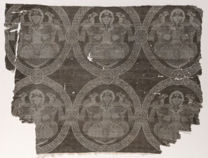Lampas fragment with seated prince holding falcons in kufic medallions, 1654-1955. Creator: Unknown.