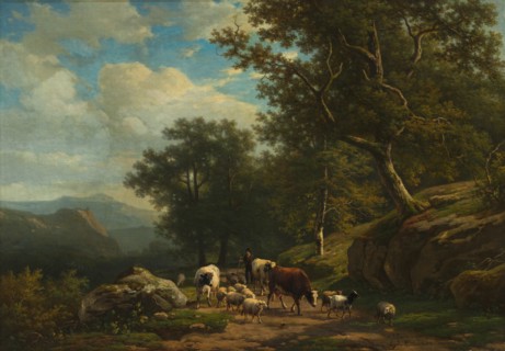 Landscape with a Peasant and His Flock, c. 1850 - 1859. Creator: Alexander Joseph Daiwaille (Dutch, 1818-1888); Eugène Joseph Verboeckhoven (Belgian, 1798-1881), and.