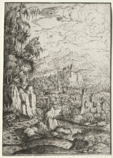 Landscape with a Road to a Castle on an Island in a River, 1554. Creator: Hanns Lautensack (German, 1524-1566).