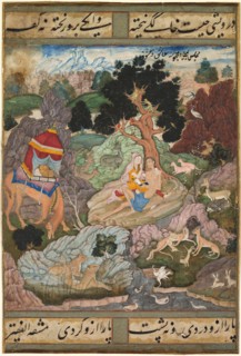 Layla and Majnun in the wilderness with animals, from a Khamsa (Quintet)..., c. 1590-1600. Creator: Sanwalah (Indian, active c. 1580-1600), attributed to.