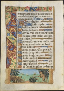 Leaf from a Book of Hours: Ape Hunting Wild Boars, c. 1500-1510. Creator: Unknown.