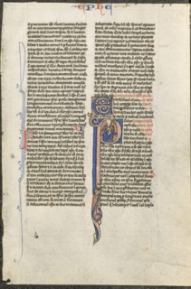 Leaf from a Latin Bible: Initial P with St. Paul Holding a Sword..., c. 1250. Creator: Johannes Grusch Atelier (French), circle or workshop of.