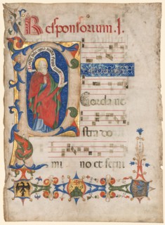 Leaf from an Antiphonary: Historiated Initial P with the Prophet Samuel..., c. 1439-1447. Creator: Olivetan Master (Italian).