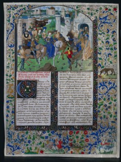 Leaf from Jehan de Courcy's "Chronique Universelle": King Priam Meets Helen and Paris..., c. 1470. Creator: Unknown.