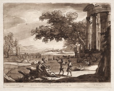 Liber Veritatis: No. 55, A Landscape with a Temple and a Nymph and Satyr Dancing, 1774. Creator: Richard Earlom (British, 1743-1822).