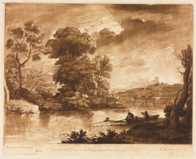 Liber Veritatis: No. 68, A Landscape at Sunset with Fishermen Drawing a Net, 1774. Creator: Richard Earlom (British, 1743-1822); John Boydell.
