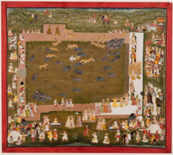 Maharaja Sangram Singh and his court observe a fight between tigers and boars at Sadri, c. 1720. Creator: Unknown.