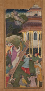 Mary ascends the stairs to the temple, from a Mir?at al-quds (Mirror of Holiness)..., 1602-1604. Creator: Unknown.