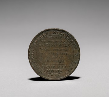 Medal: Five Sols issued by Monneron Brothers, Paris, 1792 (reverse). Creator: Jules Dupré (French, 1811-1889).