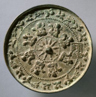 Mirror with Wheel Spokes and Riding Boys, c.1196-1234. Creator: Unknown.
