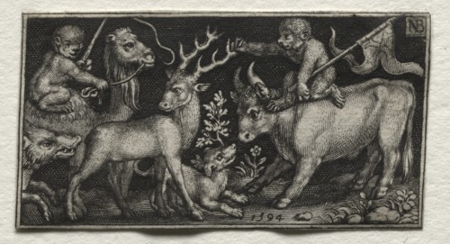 Monkeys Riding a Camel and a Bull, 1594. Creator: Nicolaes de Bruyn (Netherlandish, 1571-1656); A. van Londerseel.
