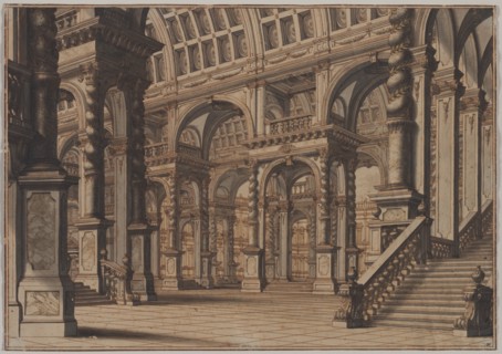 Monumental Vaulted Hall with Staircase, second quarter 18th century?. Creator: Giuseppe Galli Bibiena (Italian, 1696-1757).