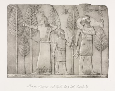 Monuments of Ninevah: Plate 32, Huntsmen with Gazelle, Hare and Birds (Khorsabad), 1853. Creator: Austen Henry Layard (British, 1817-1894).