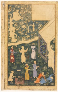 Musicians and Servants Outside a Royal Encampment (recto), c. 1485. Creator: Bihzad (Iranian, active 1470-1506), style of.