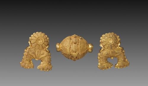 Necklace Bead and Pair of Pendants in the Shape of an Auspicious Symbol, c. 150 BC. Creator: Unknown.