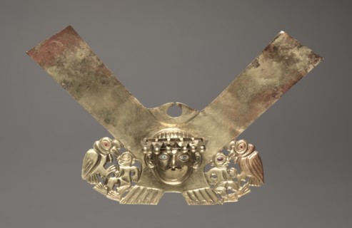 Nose Ornament with Human Head and Condors Attacking Humans, c. 100-300. Creator: Unknown.