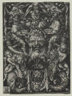 Ornament Design with a Mask, A Couple of Tritons, and Two Children Below, 1549. Creator: Heinrich Aldegrever (German, 1502-1555/61).