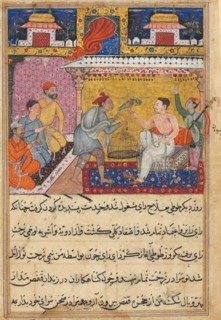 Page from Tales of a Parrot (Tuti-nama): Fifth night: The hunter offers the mother..., c. 1560. Creator: Basavana (Indian, active c. 1560-1600).