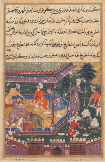 Page from Tales of a Parrot (Tuti-nama): Fifth night: The wounded monkey bites the hand?., c1560. Creator: Unknown.