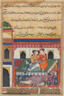 Page from Tales of a Parrot (Tuti-nama): Fortieth night: Shahr-Arai and her lover..., c. 1560. Creator: Unknown.