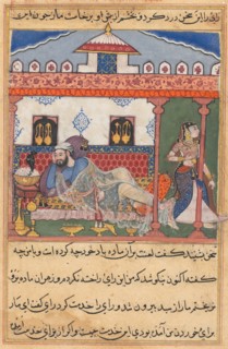 Page from Tales of a Parrot (Tuti-nama): Forty-third night: The snake, hidden in a basket..., c. 156 Creator: Unknown.