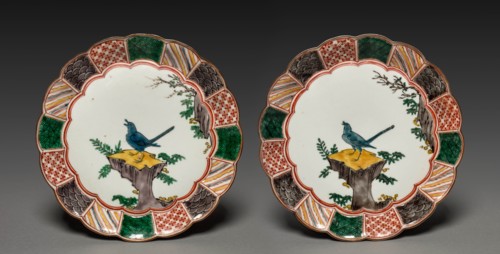Pair of Dishes with Singing Bird on a Rock: In Ko Kutani Style, 18th century. Creator: Unknown.