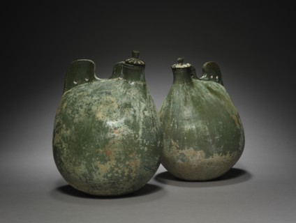Pair of Leather Bag-Shaped Flasks with Covers, 916-1125. Creator: Unknown.