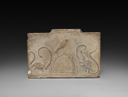 Panel from Model Cooking Stove: Raven Flanked by Snake-Entwined Tortoises, 1st Century BC. Creator: Unknown.