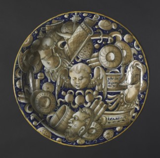 Plate with Putto, Mask, and Trophies, c. 1440-1460. Creator: Unknown.