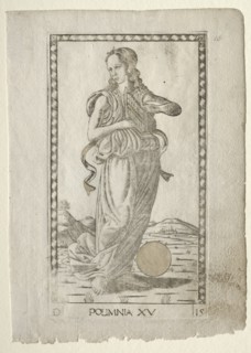Polyhymnia (heroic hymns) (from the Tarocchi series D..., before 1467. Creator: Master of the E-Series Tarocchi (Italian, 15th century).