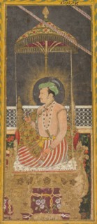 Posthumous portrait of Emperor Jahangir under a canopy (recto); Calligraphy (verso), c. 1650. Creator: Unknown.