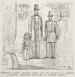 President Lincoln, General Grant, and Tad Lincoln at a Railway Station, 1887. Creator: Winslow Homer (American, 1836-1910).