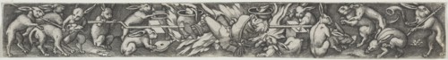 Rabbits Roasting a Hunter and His Dogs. Creator: Virgilius Solis (German, 1514-1562).