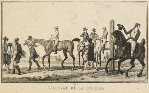 Racing Scenes: A Horse Arriving at the Race (Scènes Hippiques: Cheval arrivant de la chasse). Creator: Carle Vernet (French, 1758-1836); Jazet and Aumont.