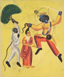 Rama and Hanuman, Holding an Uprooted Tree, Rescues Sita , 1800s. Creator: Unknown.